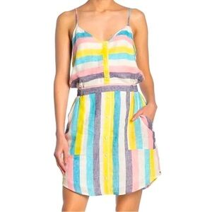 Splendid x Gray Malin Linen Mini Dress S Striped Pockets Easter Colorful Boho
